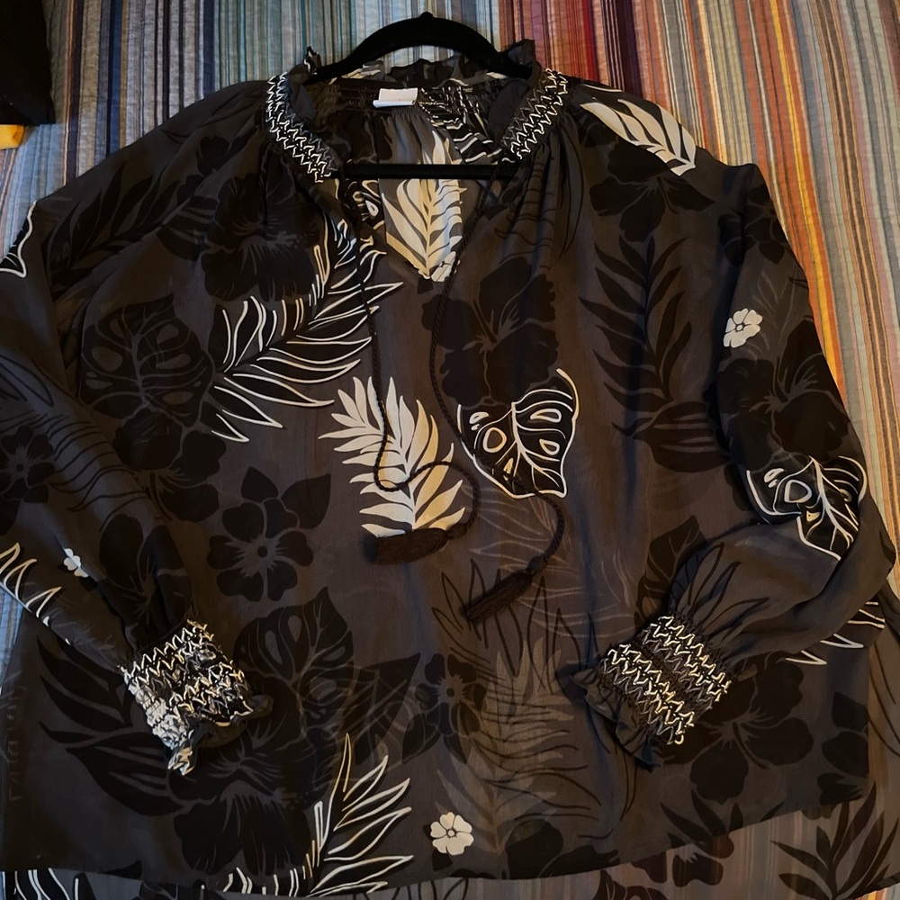 CAbi Sheer Tropical Patterned Blouse